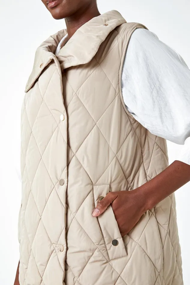 Natural Quilted High Neck Longline Gilet Women Roman Coats