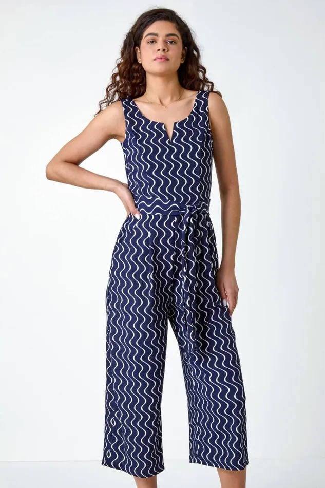 Navy Belted Wave Print Cropped Jumpsuit Women Roman Dresses