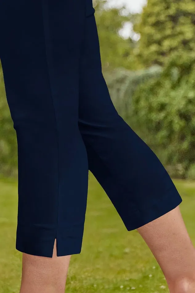 Navy Blue Elastic Waist Stretch Cropped Trousers Women Roman Coords