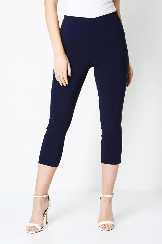Navy Blue Elastic Waist Stretch Cropped Trousers Women Roman Coords