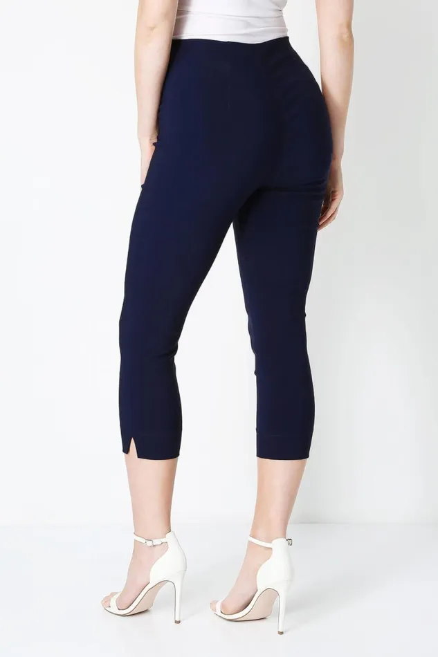 Navy Blue Elastic Waist Stretch Cropped Trousers Women Roman Coords