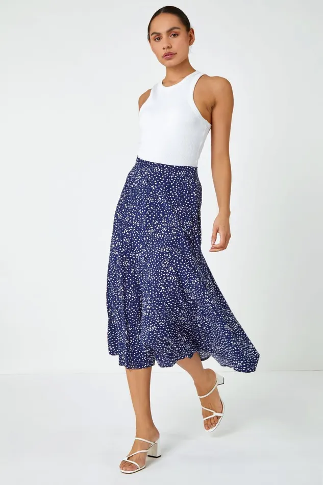 Navy Confetti Spot Print A Line Midi Skirt Women Roman Skirts