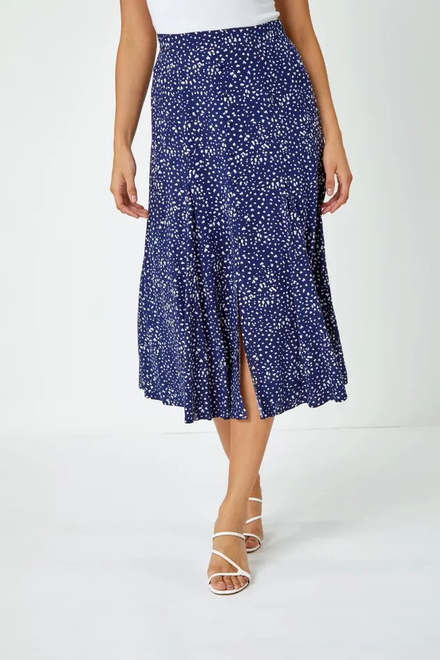 Navy Confetti Spot Print A Line Midi Skirt Women Roman Skirts