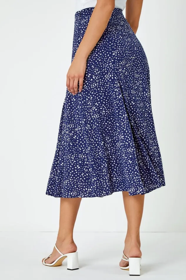 Navy Confetti Spot Print A Line Midi Skirt Women Roman Skirts