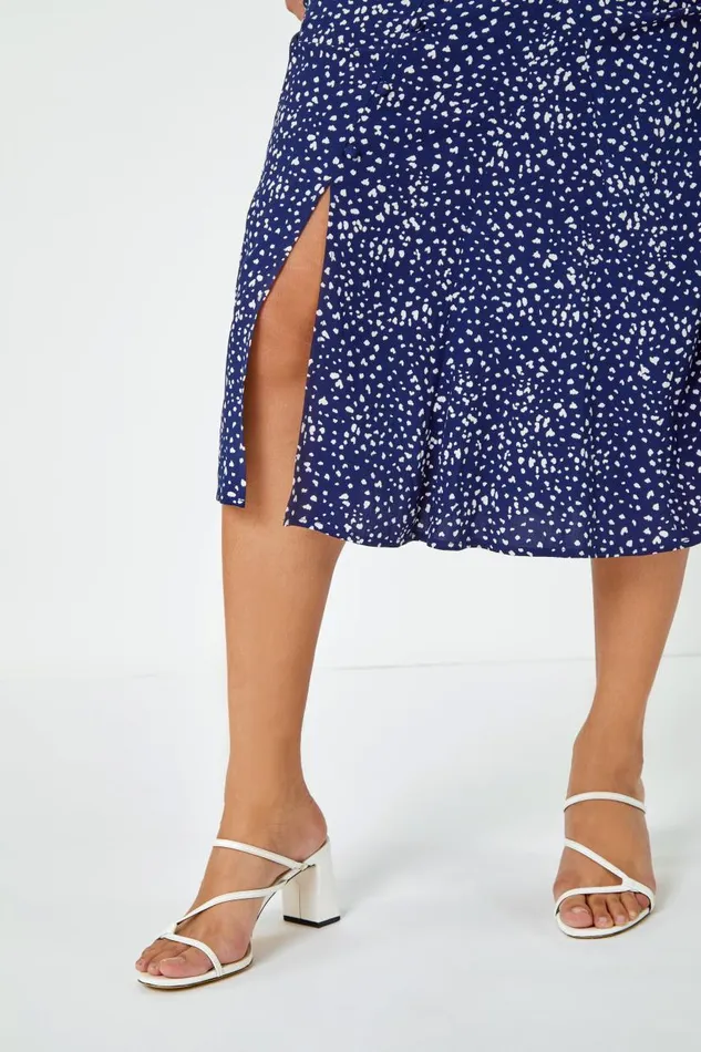Navy Confetti Spot Print A Line Midi Skirt Women Roman Skirts