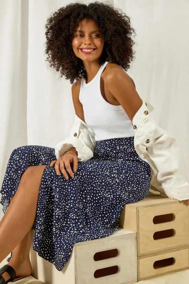 Navy Confetti Spot Print A Line Midi Skirt Women Roman Skirts