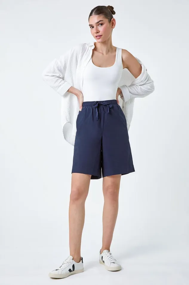 Navy Cotton Tie Detail Pocket Shorts Women Roman Trousers