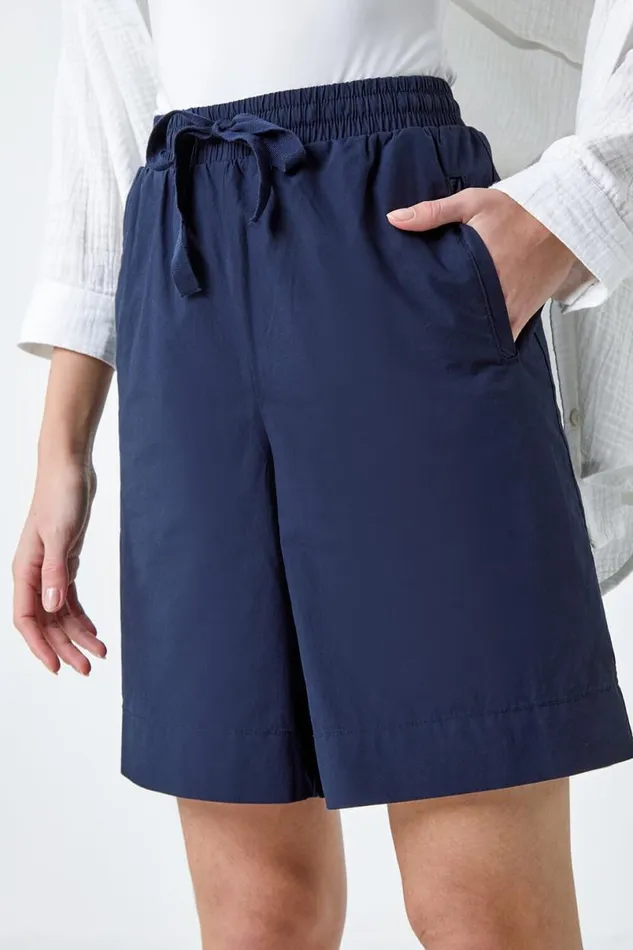 Navy Cotton Tie Detail Pocket Shorts Women Roman Trousers
