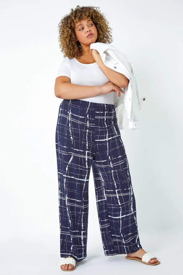 Navy Curve Check Elastic Waist Palazzo Trousers Women Roman Trousers