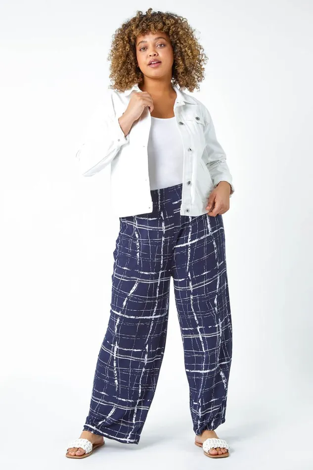 Navy Curve Check Elastic Waist Palazzo Trousers Women Roman Trousers