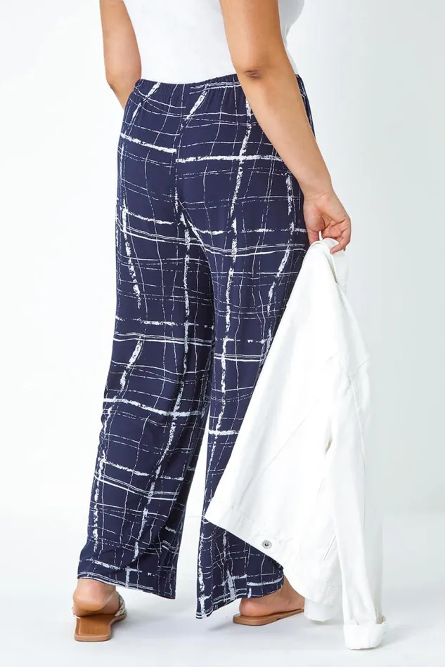 Navy Curve Check Elastic Waist Palazzo Trousers Women Roman Trousers