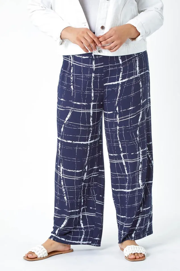 Navy Curve Check Elastic Waist Palazzo Trousers Women Roman Trousers