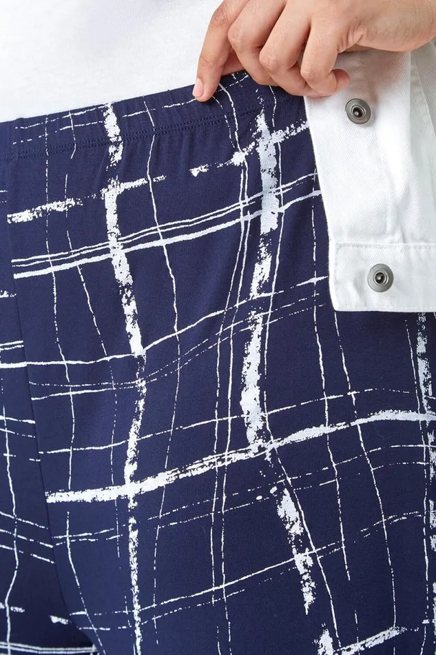 Navy Curve Check Elastic Waist Palazzo Trousers Women Roman Trousers