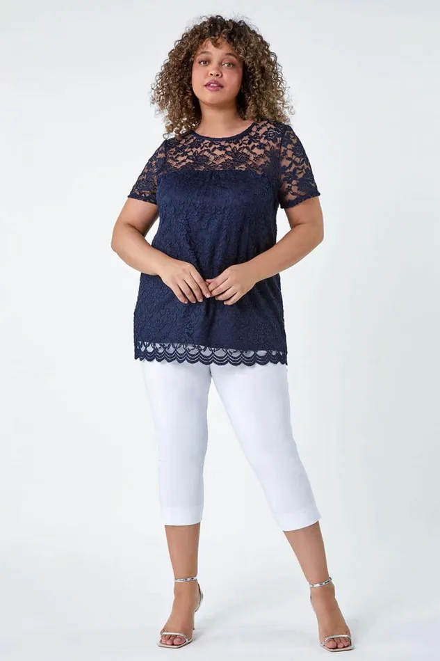 Navy Curve Lace Overlay Stretch Jersey Top Women Roman Tops