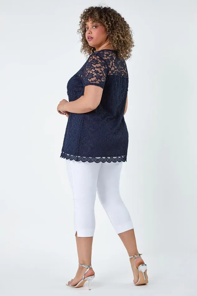 Navy Curve Lace Overlay Stretch Jersey Top Women Roman Tops