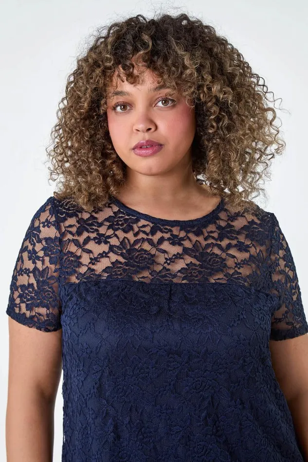 Navy Curve Lace Overlay Stretch Jersey Top Women Roman Tops