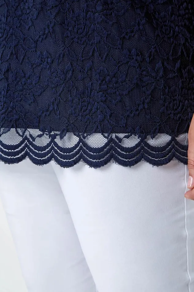 Navy Curve Lace Overlay Stretch Jersey Top Women Roman Tops