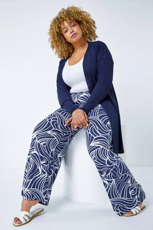 Navy Curve Linear Print Palazzo Trousers Women Roman Trousers