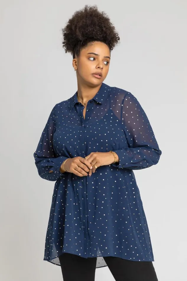 Navy Curve Longline Foil Spot Shirt Women Roman Occasionwear