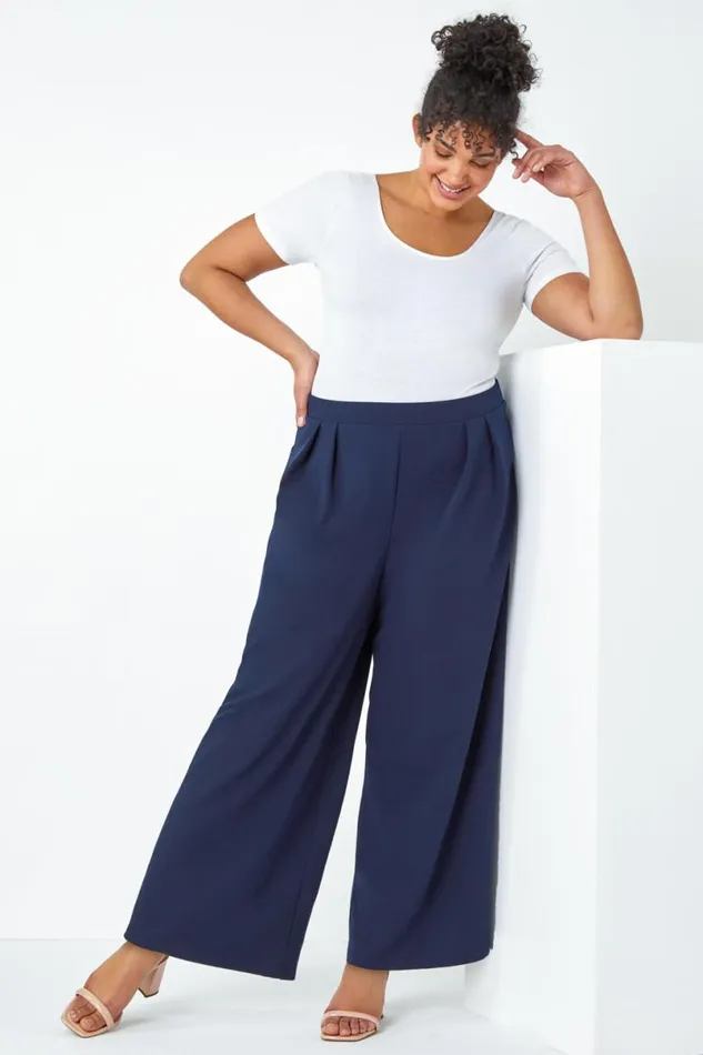 Navy Curve Wide Leg Pleat Elastic Waist Trousers Women Roman Occasionwear