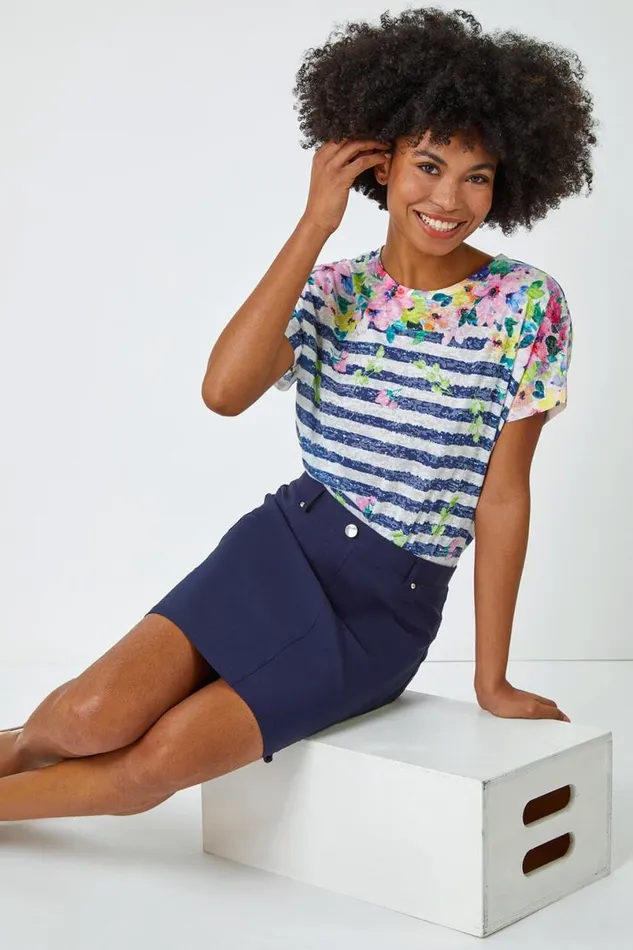 Navy Elastic Waist Straight Stretch Skirt Women Roman Skirts