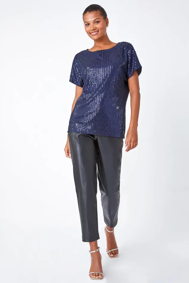 Navy Embellished Sequin Top Women Roman Tops
