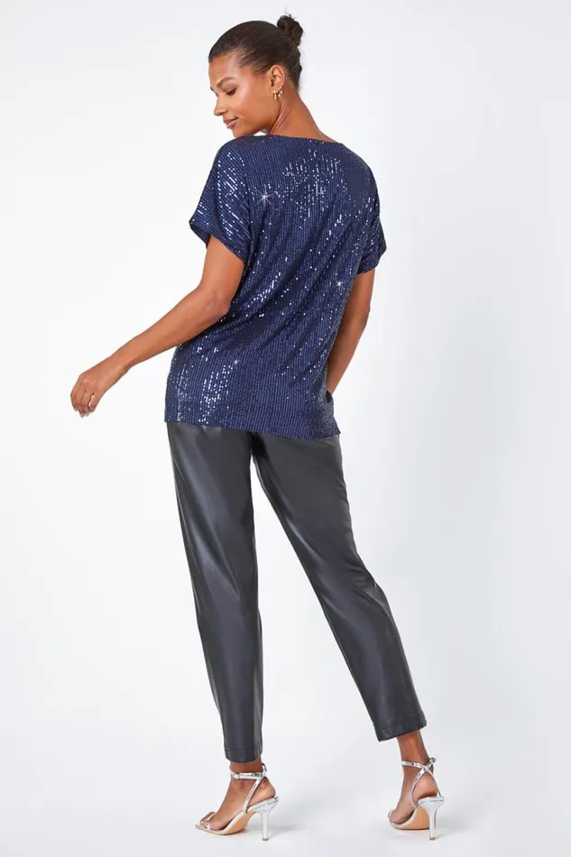 Navy Embellished Sequin Top Women Roman Tops