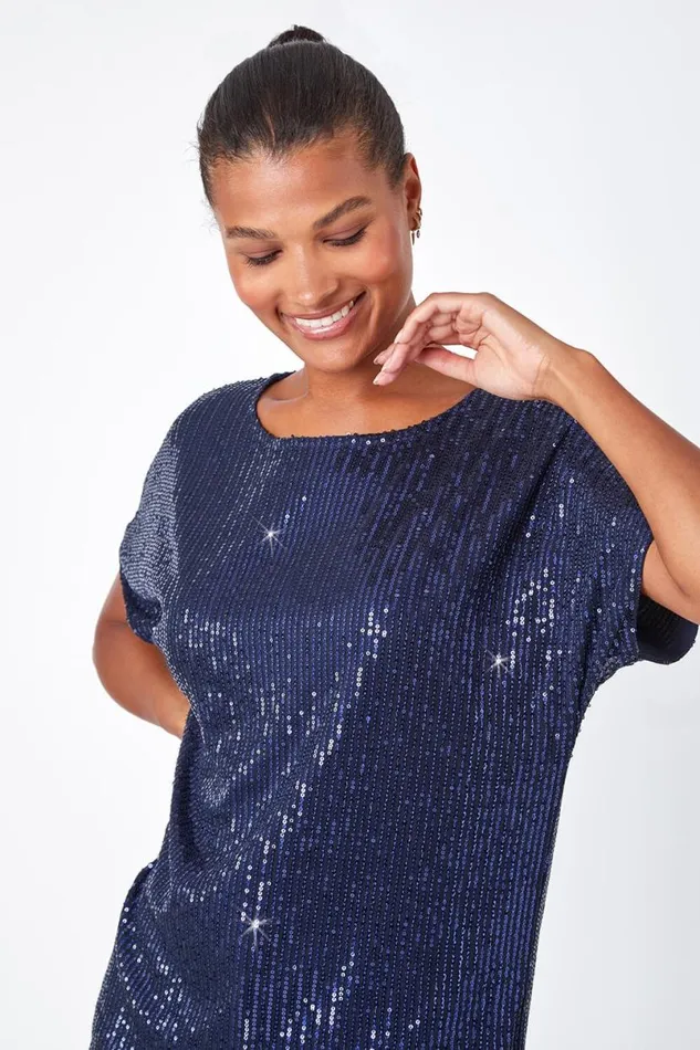 Navy Embellished Sequin Top Women Roman Tops