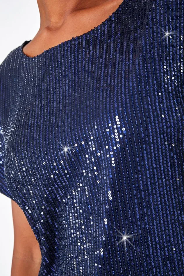 Navy Embellished Sequin Top Women Roman Tops