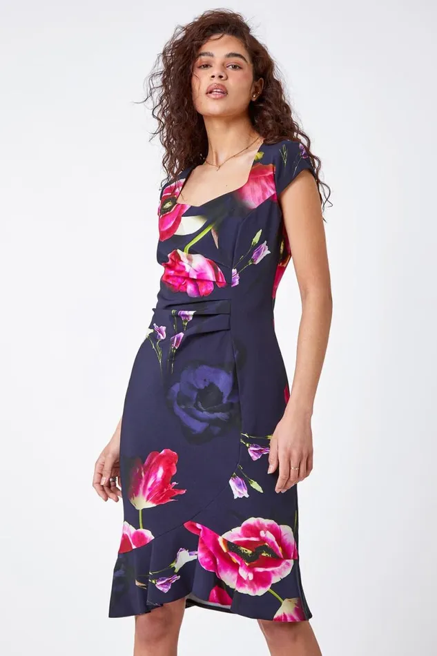 Navy Floral Frill Premium Stretch Ruched Dress Women Roman Dresses