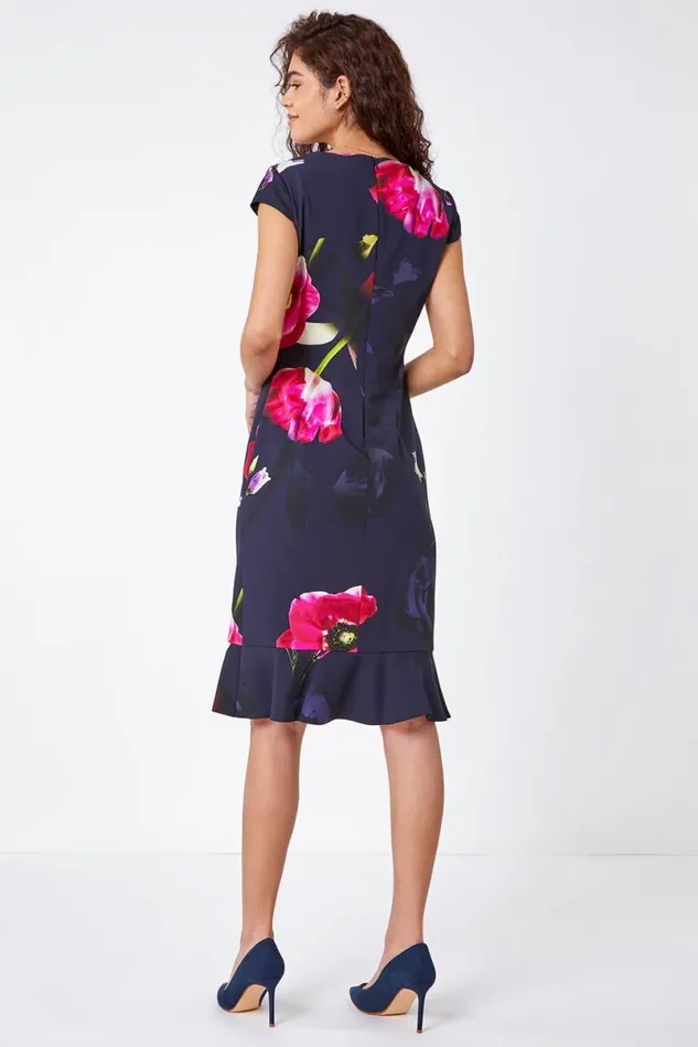 Navy Floral Frill Premium Stretch Ruched Dress Women Roman Dresses