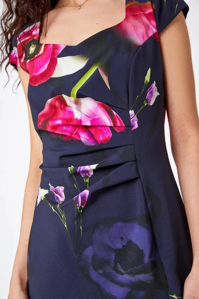 Navy Floral Frill Premium Stretch Ruched Dress Women Roman Dresses