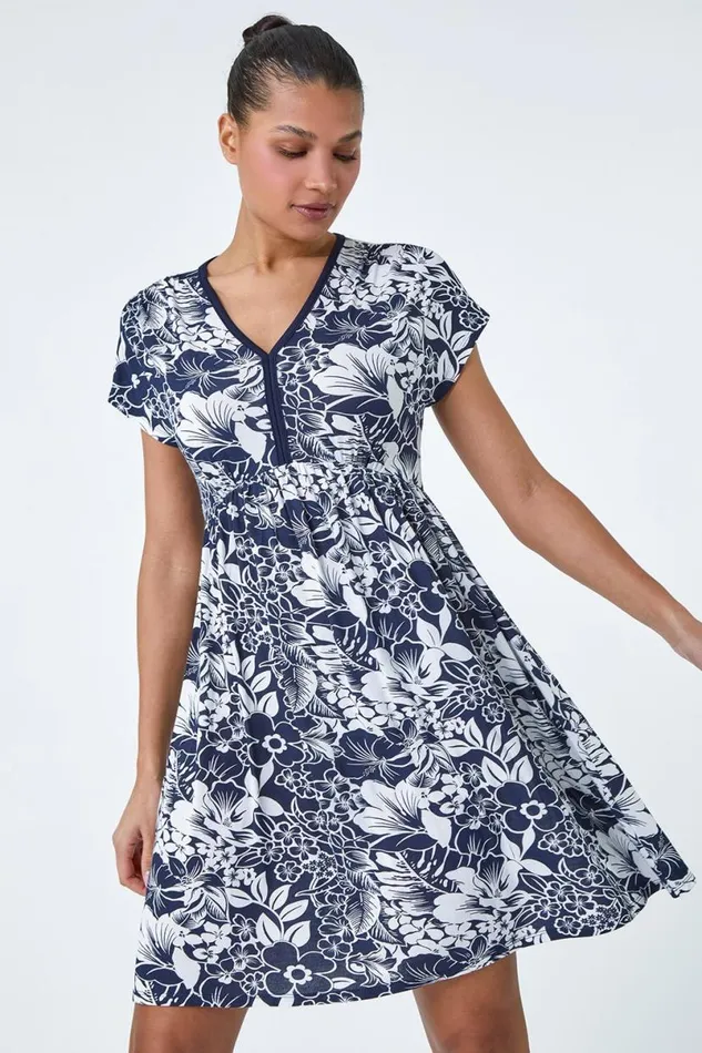 Navy Floral Gathered Stretch Jersey Dress Women Roman Dresses