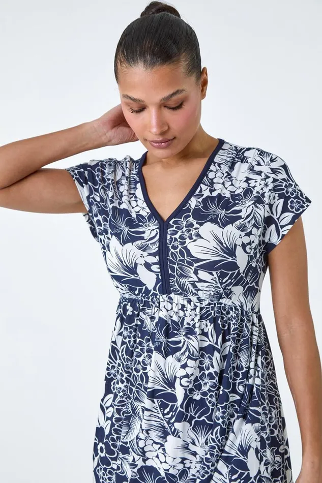 Navy Floral Gathered Stretch Jersey Dress Women Roman Dresses