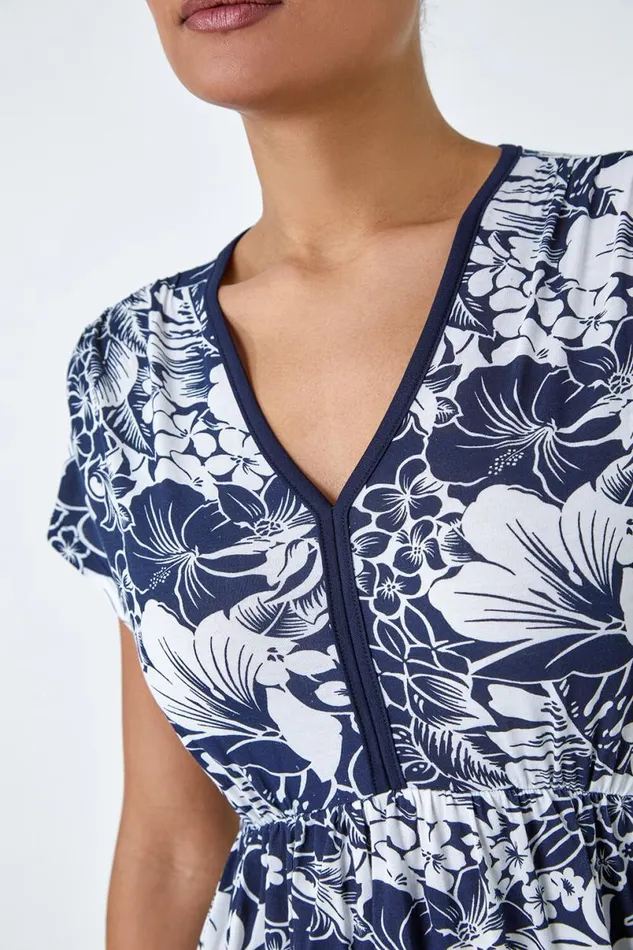 Navy Floral Gathered Stretch Jersey Dress Women Roman Dresses