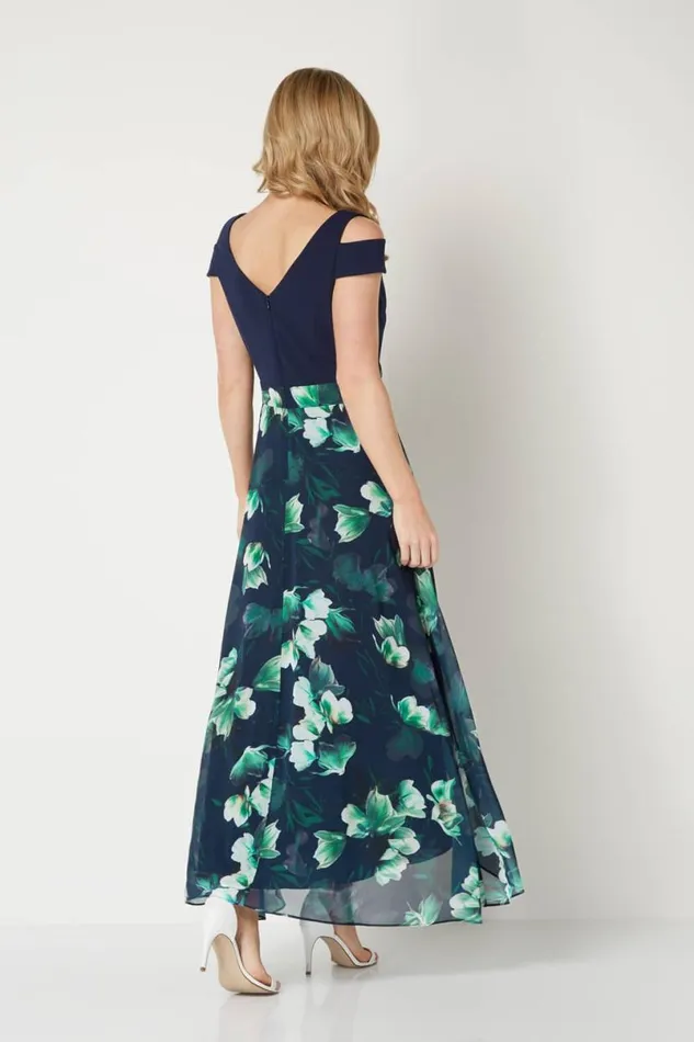 Navy Floral Print Cold Shoulder Maxi Dress Women Roman Dresses