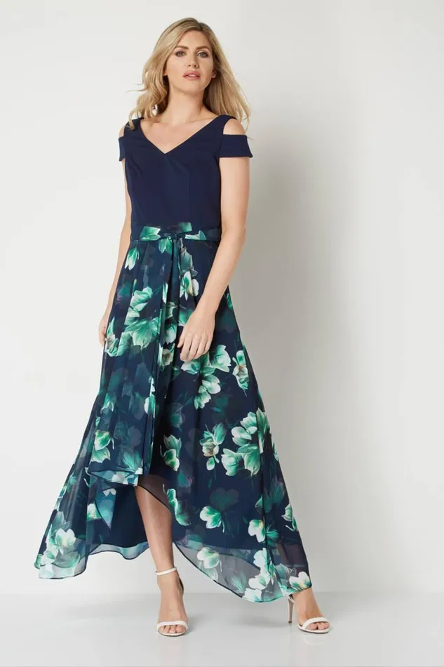 Navy Floral Print Cold Shoulder Maxi Dress Women Roman Dresses