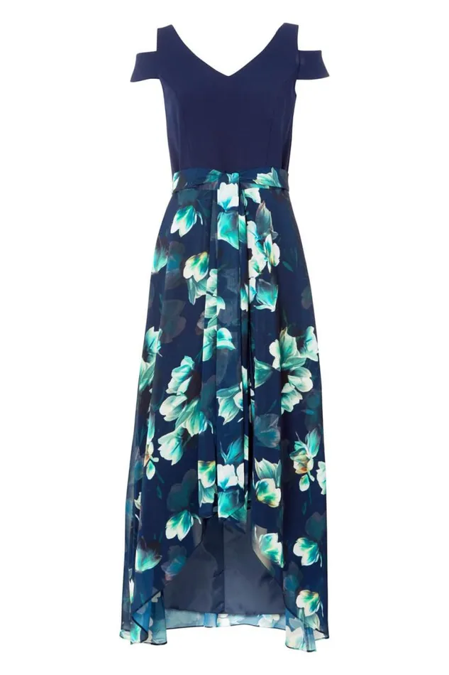 Navy Floral Print Cold Shoulder Maxi Dress Women Roman Dresses