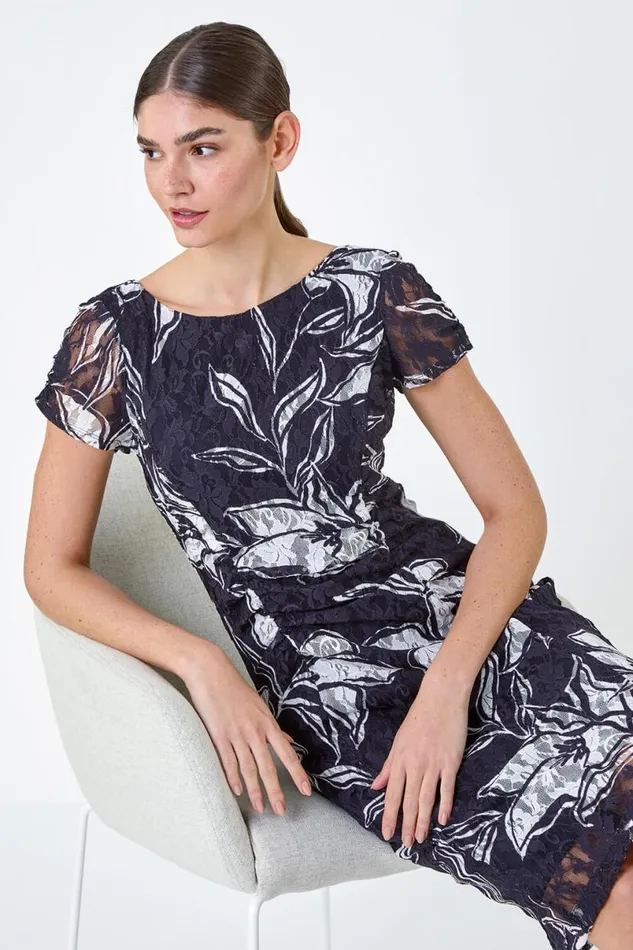 Navy Floral Print Lace Stretch Dress Women Roman Dresses