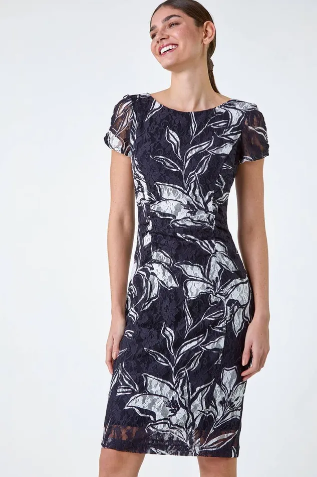 Navy Floral Print Lace Stretch Dress Women Roman Dresses