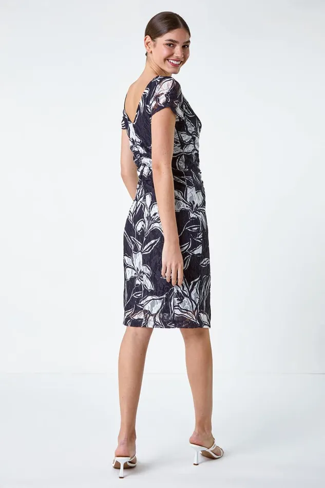 Navy Floral Print Lace Stretch Dress Women Roman Dresses
