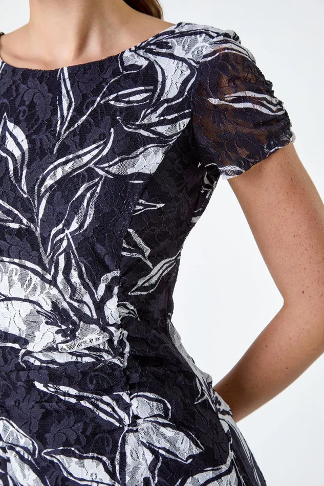 Navy Floral Print Lace Stretch Dress Women Roman Dresses