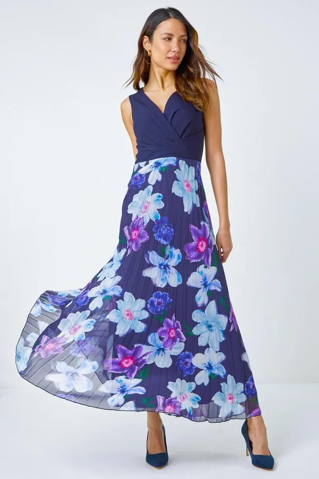 Navy Floral Print Pleated Chiffon Maxi Dress Women Roman Dresses
