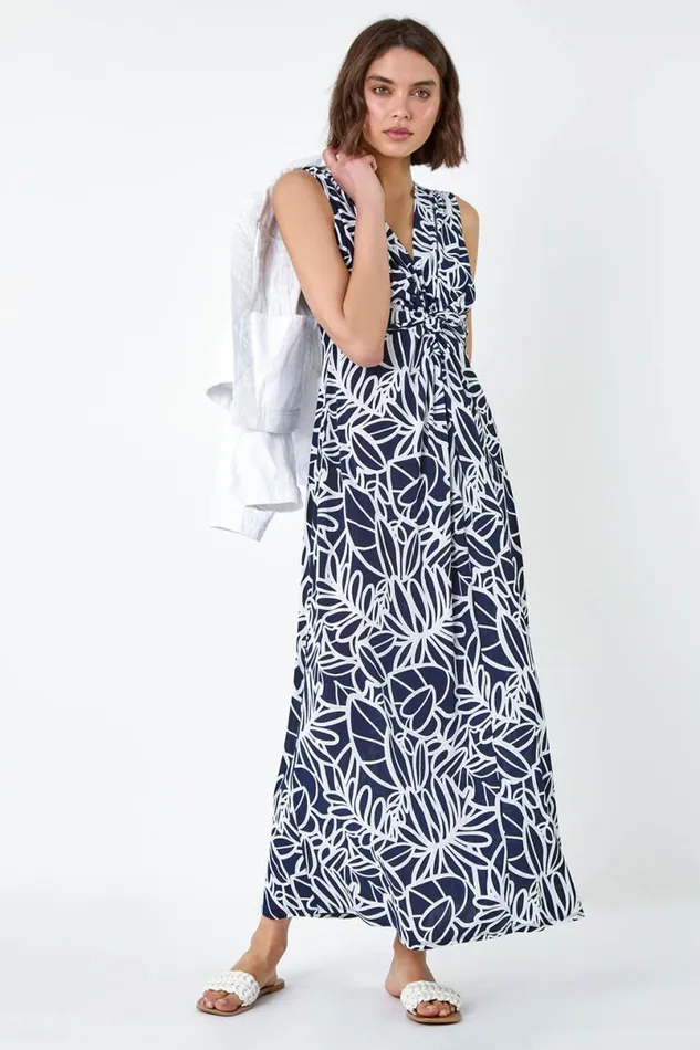Navy Floral Print Twist Front Maxi Dress Women Roman Dresses