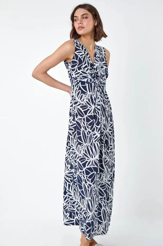 Navy Floral Print Twist Front Maxi Dress Women Roman Dresses