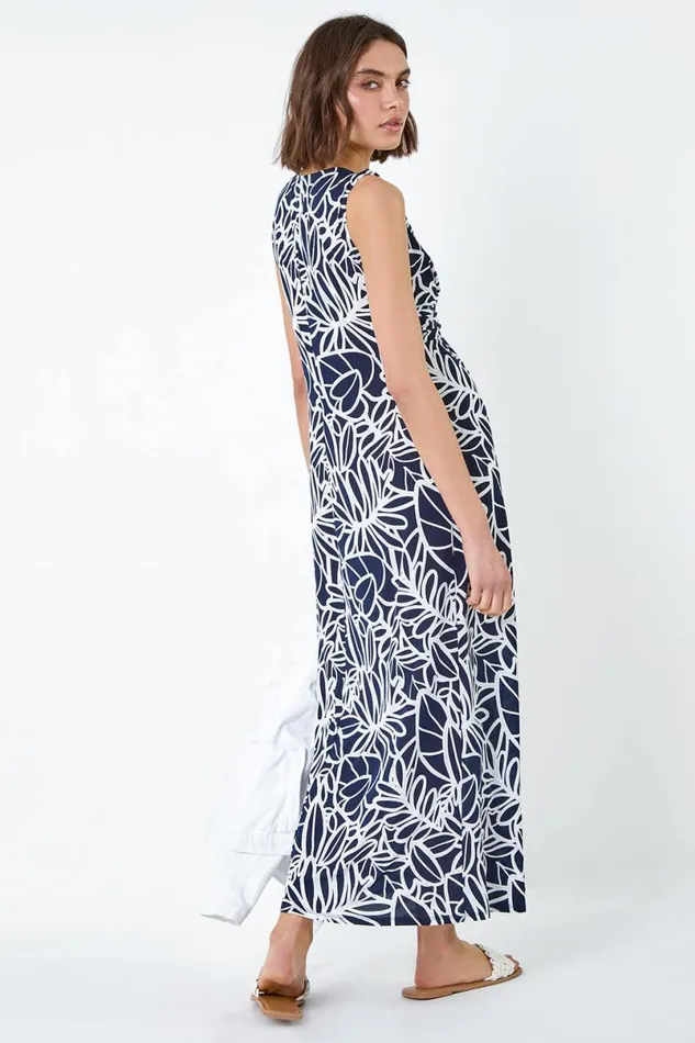 Navy Floral Print Twist Front Maxi Dress Women Roman Dresses