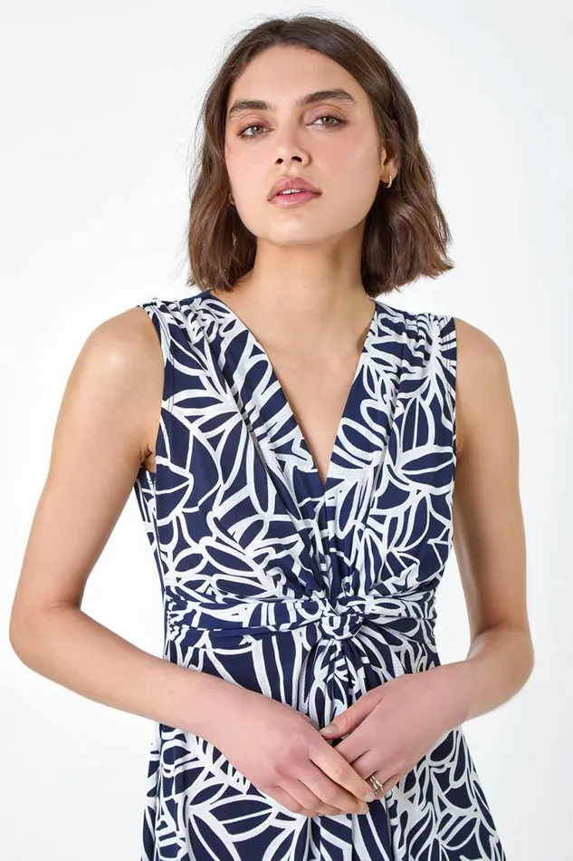 Navy Floral Print Twist Front Maxi Dress Women Roman Dresses