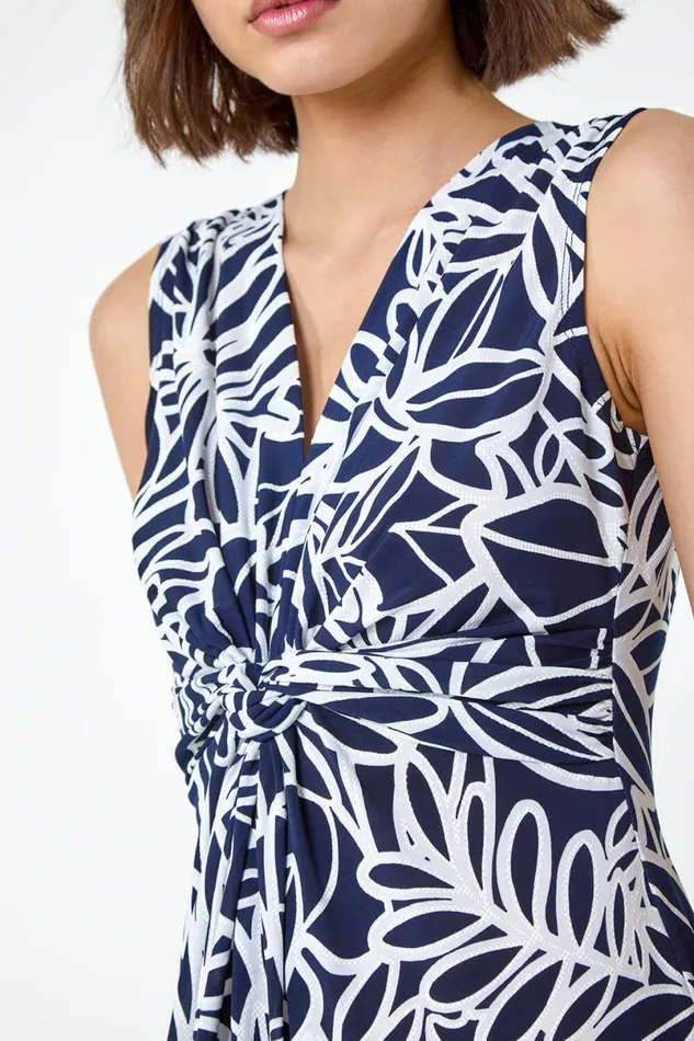 Navy Floral Print Twist Front Maxi Dress Women Roman Dresses