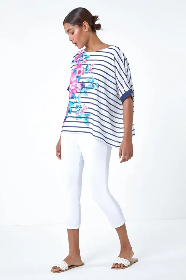 Navy Floral Stripe Print Woven Top Women Roman Tops