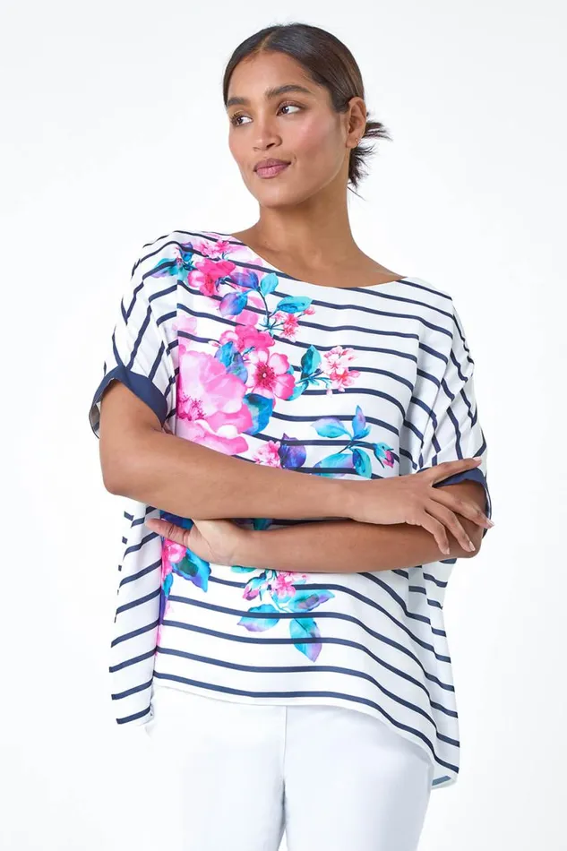 Navy Floral Stripe Print Woven Top Women Roman Tops